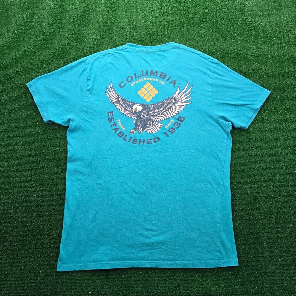 Columbia Tshirt Mens Large Green Teal Short Sleeve Eagle Graphic Tee Outdoors‎